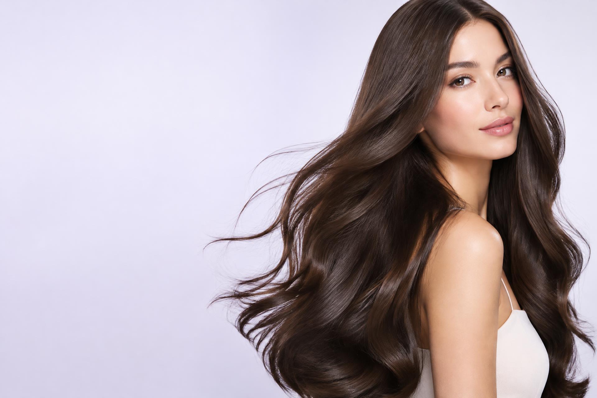 Mulher com cabelo longo, saudável e brilhante